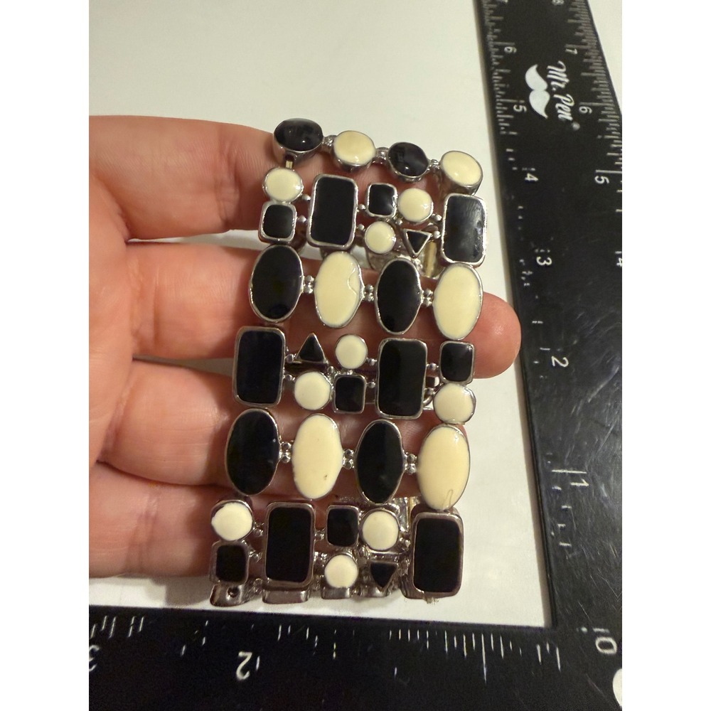 Black Cream Enamel Geometric Stretch Bracelet Silver Tone Wide Cuff Statement